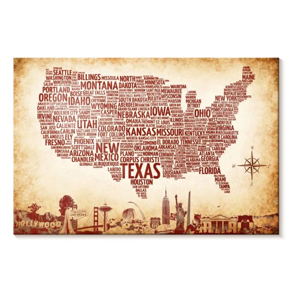 Elephant Stock Rustic Usa Map Wall Art - Horizontal Canvas Wall Art - Living Room Wall Decor - Map Canvas - Red And Brown Decor - 12" x 8"