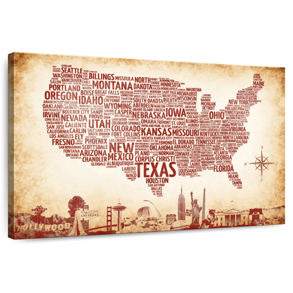 Elephant Stock Rustic Usa Map Wall Art - Horizontal Canvas Wall Art - Living Room Wall Decor - Map Canvas - Red And Brown Decor - 39" x 26"