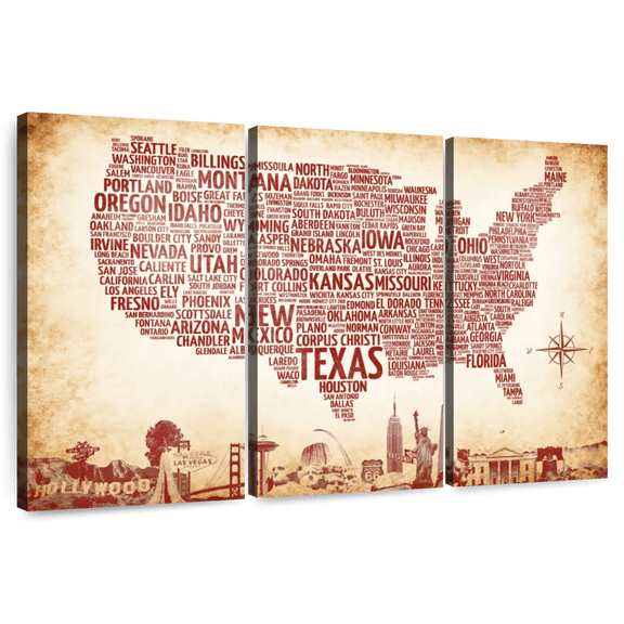 Elephant Stock Rustic Usa Map Wall Art - Horizontal Multi Panel Canvas - Living Room Wall Decor - Map Multi Panel - Red And Brown Decor - 74" x 48"