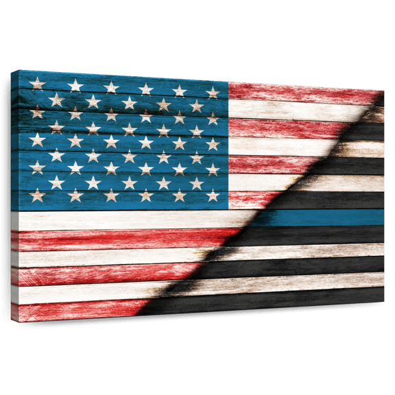 Elephant Stock Rustic Usa Police Flag Wall Art - Horizontal Canvas Wall Art - Living Room Wall Decor - Flags Canvas - Red And Blue Decor - 36" x 24"