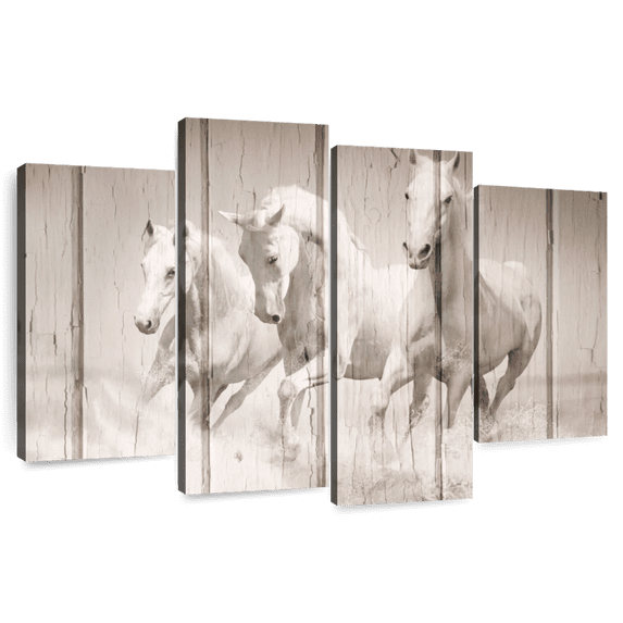 Elephant Stock Rustic White Horses Wall Art - Horizontal Multi Panel Canvas - Living Room Wall Decor - Animal Multi Panel - Beige And Brown Decor - 52" x 32"