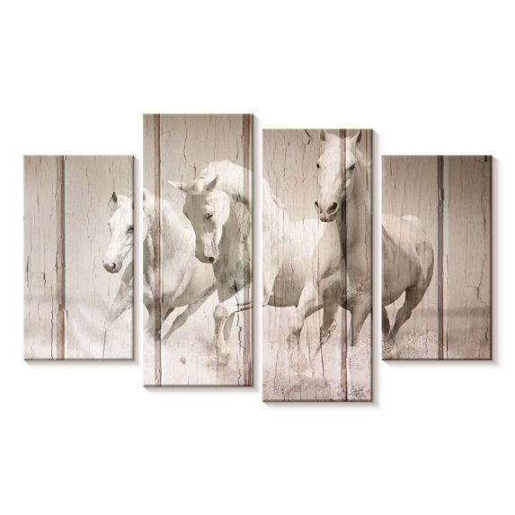 Elephant Stock Rustic White Horses Wall Art - Horizontal Multi Panel Canvas - Living Room Wall Decor - Animal Multi Panel - Beige And Brown Decor - 52" x 32"