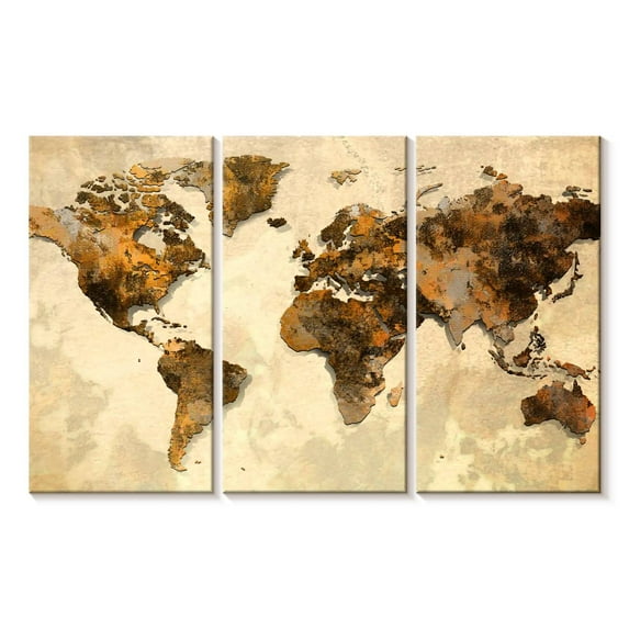 Elephant Stock Rustic World Map Wall Art - Horizontal Multi Panel Canvas - Living Room Wall Decor - Map Multi Panel - Beige And Brown Decor - 33" x 20"