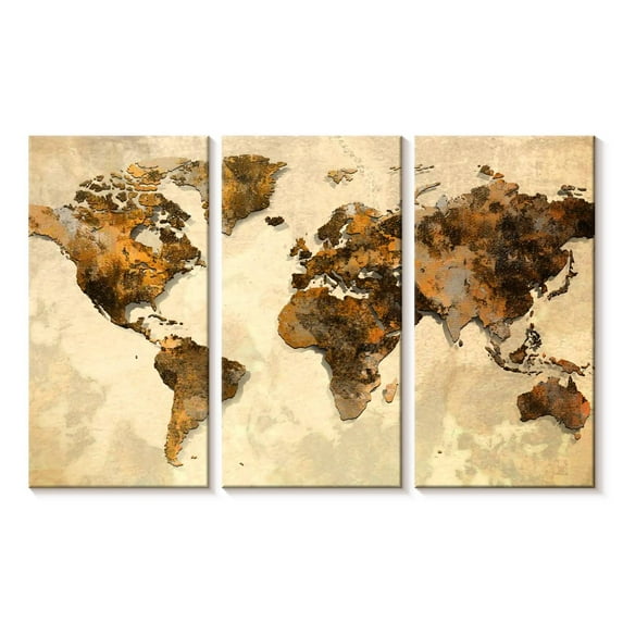 Elephant Stock Rustic World Map Wall Art - Horizontal Multi Panel Canvas - Living Room Wall Decor - Map Multi Panel - Beige And Brown Decor - 45" x 28"