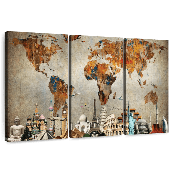 Elephant Stock Rusty World Map Wall Art - Horizontal Multi Panel Canvas - Living Room Wall Decor - Map Multi Panel - Orange And Beige Decor - 74" x 48"