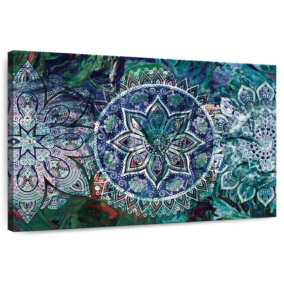 Elephant Stock Sacred Mandala Symbol Wall Art - Horizontal Canvas Wall Art - Living Room Wall Decor - Decor Elements Canvas - Teal And Purple Decor - 51" x 34"