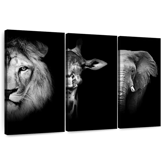 Elephant Stock Safari Animal Portraits Wall Art - Horizontal Multi Panel Canvas - Living Room Wall Decor - Animal Multi Panel - Black And White Decor - 45" x 28"