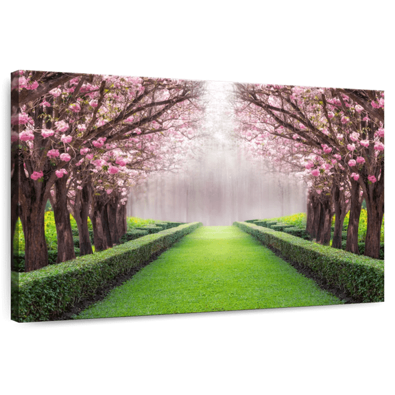 Elephant Stock Sakura Tree Lane Wall Art - Horizontal Canvas Wall Art - Living Room Wall Decor - Floral And Botanical Canvas - Gray And Green Decor - 51" x 34"