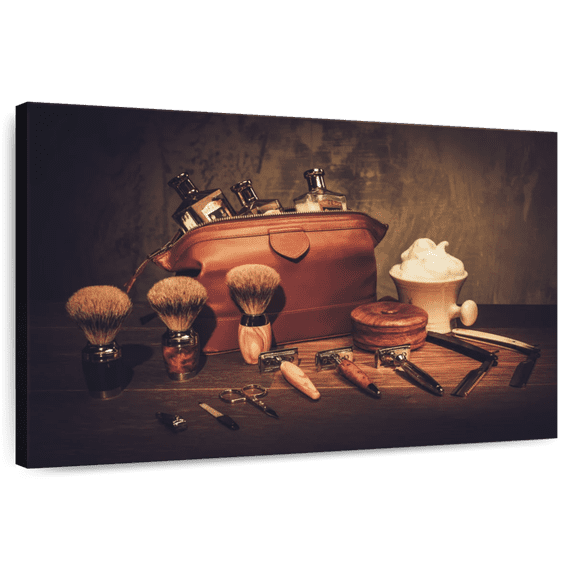 Elephant Stock Salon Accessories For Men Wall Art - Horizontal Canvas Wall Art - Living Room Wall Decor - Fashion And Beauty Canvas - Brown And Beige Decor - 36" x 24"