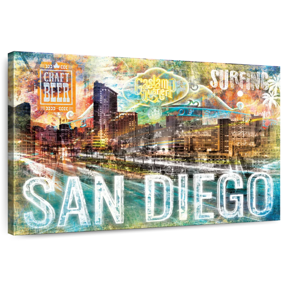 Elephant Stock San Diego City Landmarks Grunge Wall Art - Horizontal Canvas Wall Art - Living Room Wall Decor - Places Canvas - Beige And Gray Decor - 39" x 26"