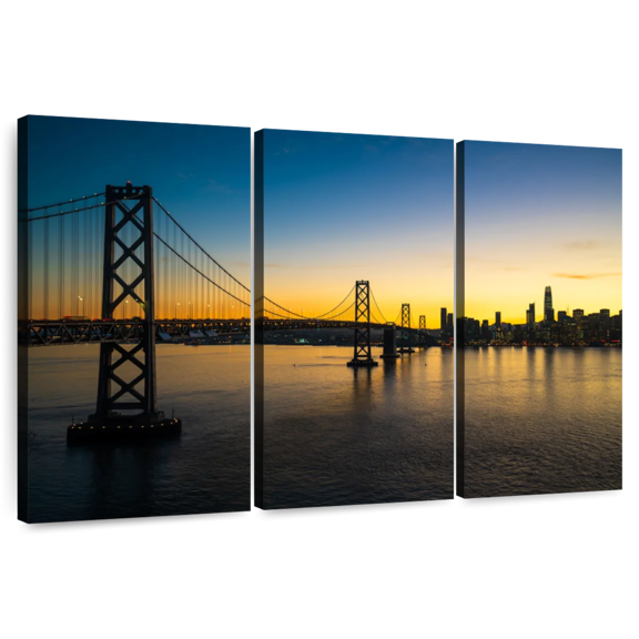 Elephant Stock San Francisco Nightfall Wall Art - Horizontal Multi Panel Canvas - Living Room Wall Decor - City Multi Panel - Yellow And Blue Decor - 33" x 20"