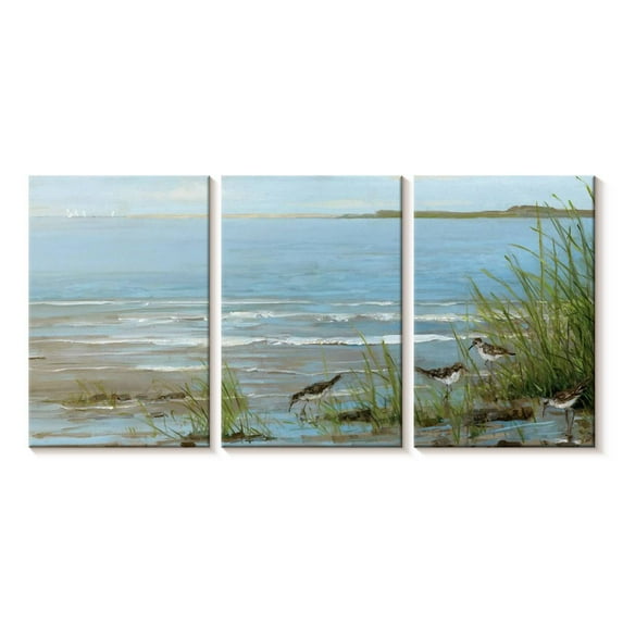 Elephant Stock Sandpiper Beach Wall Art - Horizontal Multi Panel Canvas - Living Room Wall Decor - Beach Multi Panel - Blue And Gray Decor By Sally Swatland - 74" x 36"