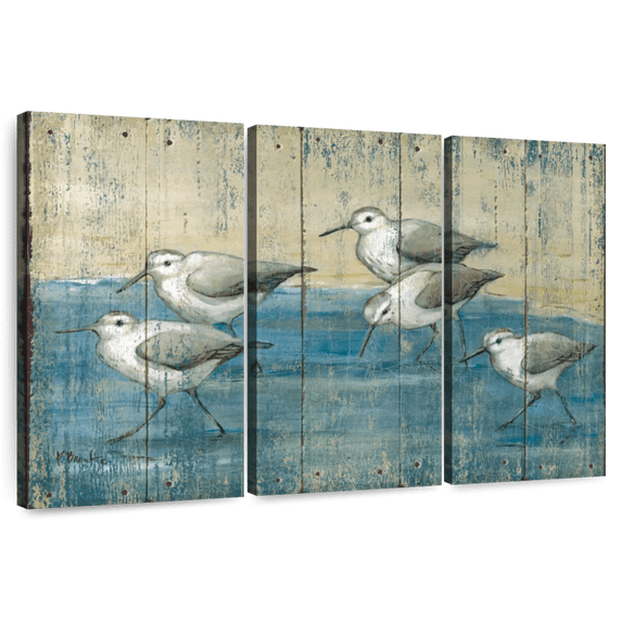 Elephant Stock Sandpipers Oil Distressed Wall Art - Horizontal Multi Panel Canvas - Living Room Wall Decor - Animal Multi Panel - Blue And Beige Decor By Paul Brent - 50" x 32"