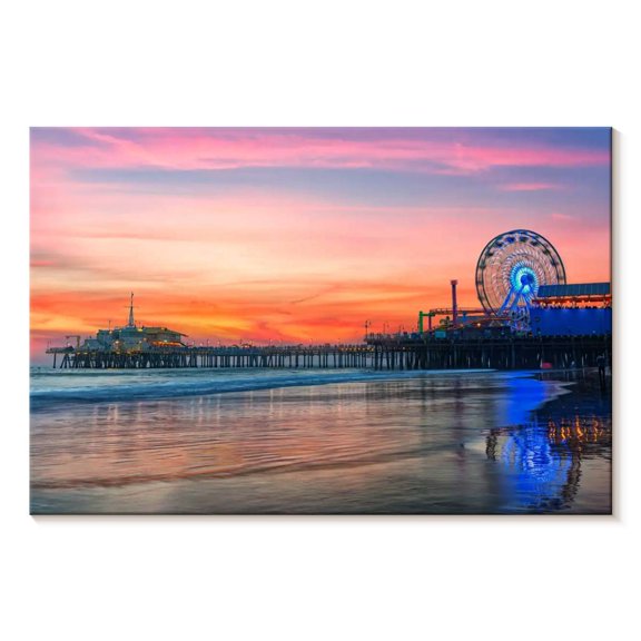 Elephant Stock Santa Monica Beach Panorama Wall Art - Horizontal Canvas Wall Art - Living Room Wall Decor - Beach Canvas - Pink And Teal Decor - 30" x 20"