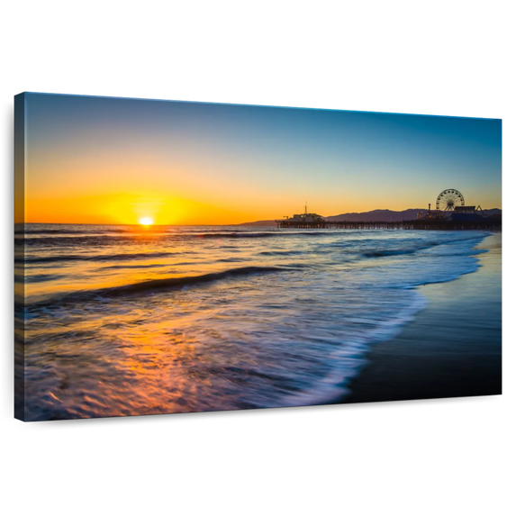 Elephant Stock Santa Monica Pier At Sunset Wall Art - Horizontal Canvas Wall Art - Living Room Wall Decor - Beach Canvas - Gray And Black Decor - 51" x 34"