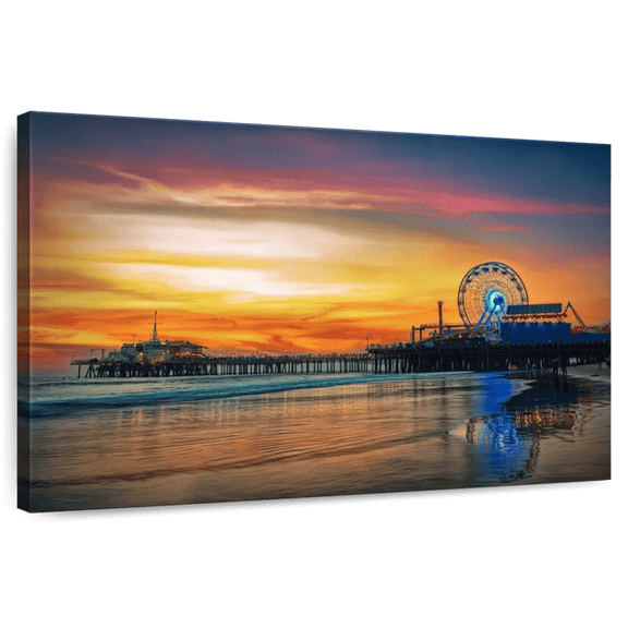 Elephant Stock Santa Monica Pier Sunset Wall Art - Horizontal Canvas Wall Art - Living Room Wall Decor - Beach Canvas - Gray And Brown Decor - 12" x 8"