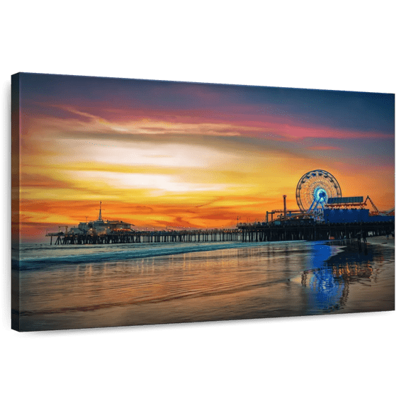 Elephant Stock Santa Monica Pier Sunset Wall Art - Horizontal Canvas Wall Art - Living Room Wall Decor - Beach Canvas - Gray And Brown Decor - 48" x 32"