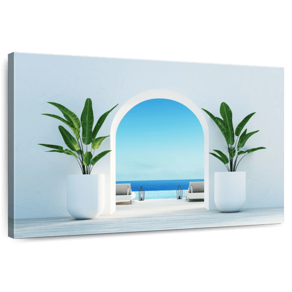 Elephant Stock Santorini Lounge Wall Art - Horizontal Canvas Wall Art - Living Room Wall Decor - Architecture Canvas - Blue And Green Decor - 51" x 34"