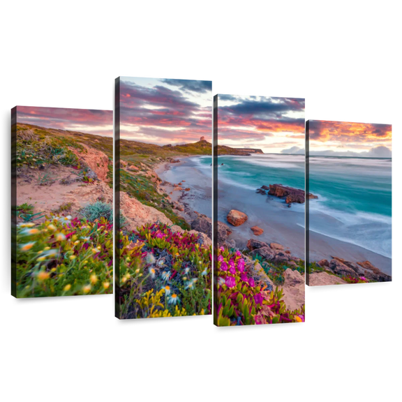 Elephant Stock Sardinia Beach Flowers Wall Art - Horizontal Multi Panel Canvas - Living Room Wall Decor - Beach Multi Panel - Gray And Brown Decor - 36" x 22"