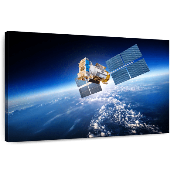 Elephant Stock Satellite Hovering Over Earth Wall Art - Horizontal Canvas Wall Art - Living Room Wall Decor - Astronomy & Space Canvas - Gray And Blue Decor - 24" x 16"