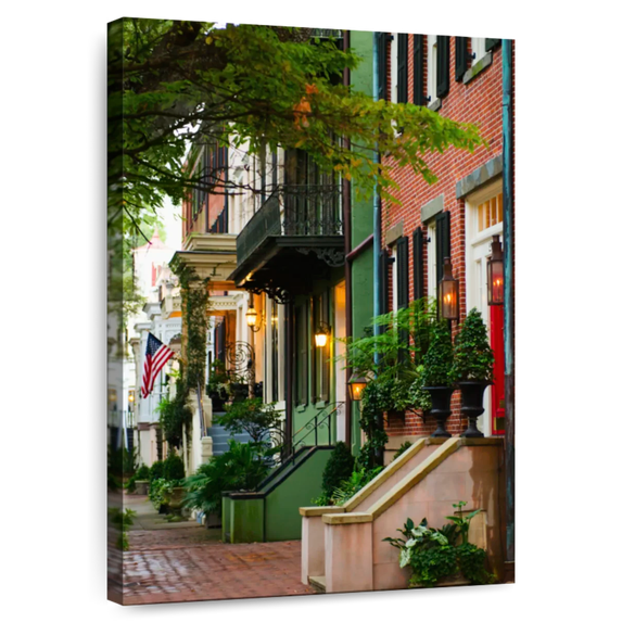 Elephant Stock Savannah Street Houses Wall Art - Vertical Canvas Wall Art - Living Room Wall Decor - Architecture Canvas - Green And Brown Decor - 8" x 12"