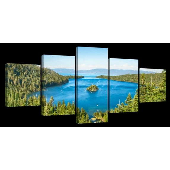 Elephant Stock Scenic View Of Emerald Bay Wall Art - Horizontal Multi Panel Canvas - 5 Pieceliving Room Wall Decor - Photography Nature Multi Panel - Beige And Green Decor - 80" x 36"