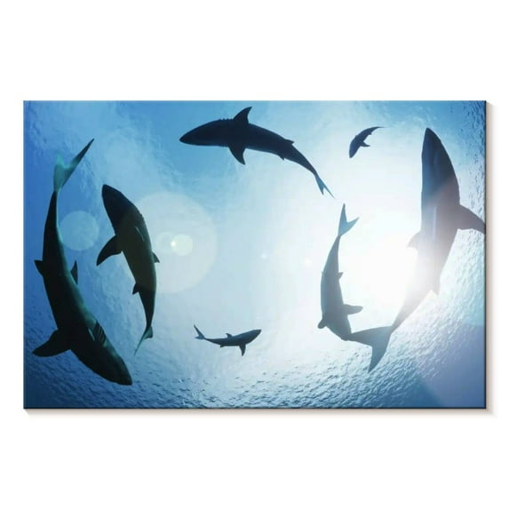 Elephant Stock School Of Sharks Wall Art - Horizontal Canvas Wall Art - Living Room Wall Decor - Animal Canvas - Blue And White Decor - 51" x 34"