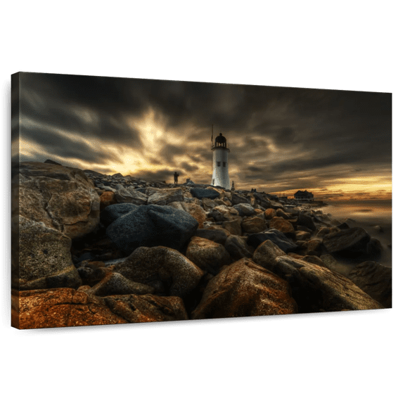 Elephant Stock Scituate Lighthouse Sunrise Wall Art - Horizontal Canvas Wall Art - Living Room Wall Decor - Nautical Canvas - Beige And Yellow Decor - 48" x 32"