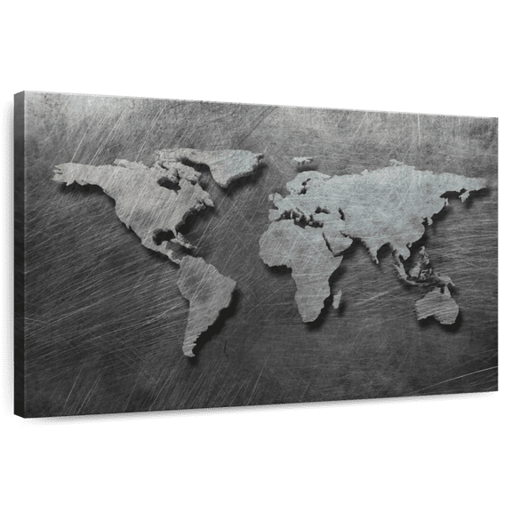 Elephant Stock Scratched Steel World Map Wall Art - Horizontal Canvas Wall Art - Living Room Wall Decor - Map Canvas - Silver And Gray Decor - 12" x 8"