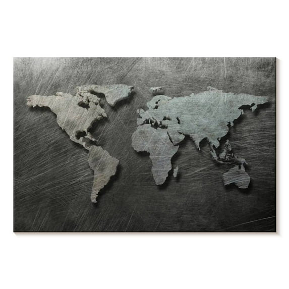 Elephant Stock Scratched Steel World Map Wall Art - Horizontal Canvas Wall Art - Living Room Wall Decor - Map Canvas - Silver And Gray Decor - 39" x 26"