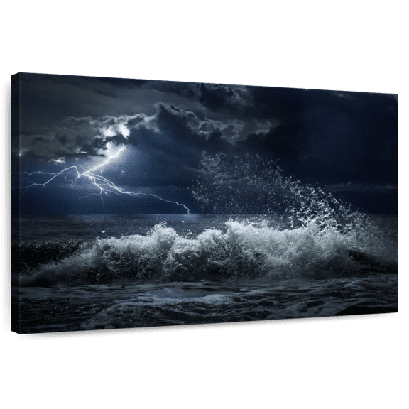 Elephant Stock Seascape Lightning Storm Wall Art - Horizontal Canvas Wall Art - Living Room Wall Decor - Beach Canvas - Blue And Beige Decor - 51" x 34"