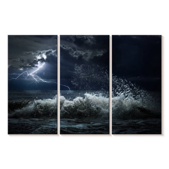 Elephant Stock Seascape Lightning Storm Wall Art - Horizontal Multi Panel Canvas - Living Room Wall Decor - Beach Multi Panel - Blue And Beige Decor - 65" x 42"