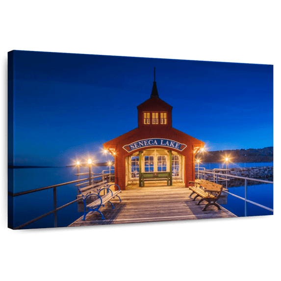 Elephant Stock Seneca Lake Pier Wall Art - Horizontal Canvas Wall Art - Living Room Wall Decor - Nautical Canvas - Blue And Red Decor - 36" x 24"
