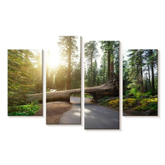 Elephant Stock Sequoia Log Tunnel Road Wall Art - Horizontal Multi Panel Canvas - Living Room Wall Decor - Transportation Multi Panel - Green And Beige Decor - 24" x 14"