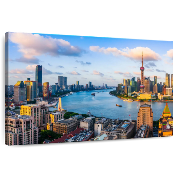 Elephant Stock Shanghai Sunset Skyline Wall Art - Horizontal Canvas Wall Art - Living Room Wall Decor - Places Canvas - Blue And Gray Decor - 48" x 32"