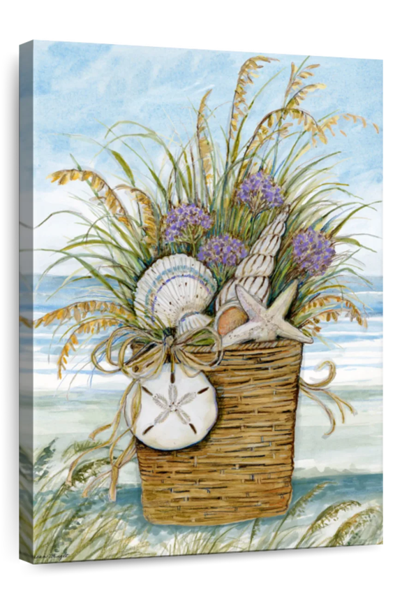 Shells Basket Wall Art - Vertical Canvas Wall Art - Living Room Wall Decor - Nautical Canvas - Blue And Green Decor By Susan Winget - 34" x 51"