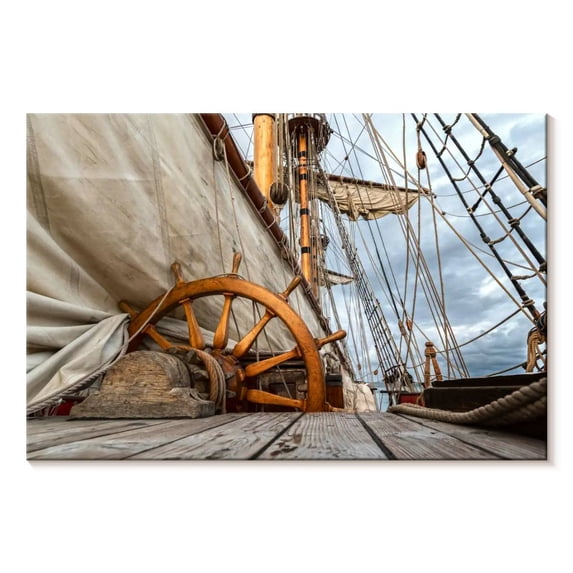 Elephant Stock Ship Wheel And Deck Wall Art - Horizontal Canvas Wall Art - Living Room Wall Decor - Nautical Canvas - Brown And Beige Decor - 12" x 8"