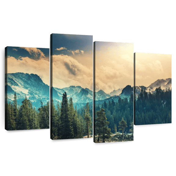 Elephant Stock Sierra Nevada Mountainscape Wall Art - Horizontal Multi Panel Canvas - Living Room Wall Decor - Nature Multi Panel - Teal And Beige Decor - 36" x 22"