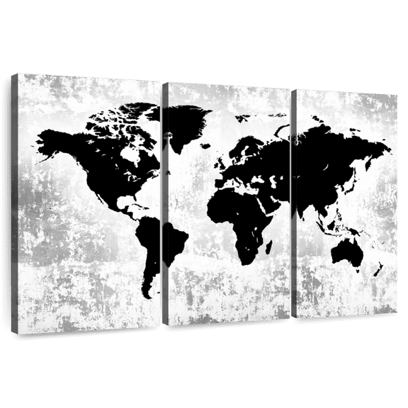 Elephant Stock Silhouette World Map Wall Art - Horizontal Multi Panel Canvas - Living Room Wall Decor - Map Multi Panel - Black And Gray Decor - 45" x 28"