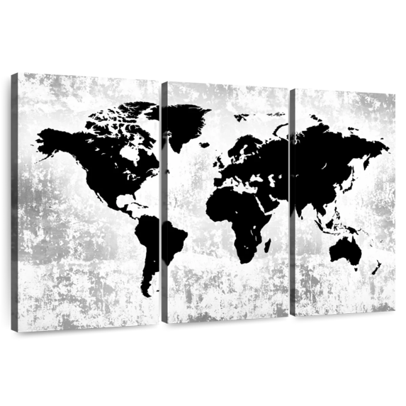 Elephant Stock Silhouette World Map Wall Art - Horizontal Multi Panel Canvas - Living Room Wall Decor - Map Multi Panel - Black And Gray Decor - 74" x 48"