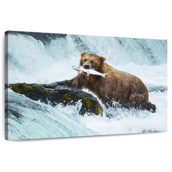 Elephant Stock Simple Bear Fishing Wall Art - Horizontal Canvas Wall Art - Living Room Wall Decor - Animal Canvas - Blue And Brown Decor - 48" x 32"