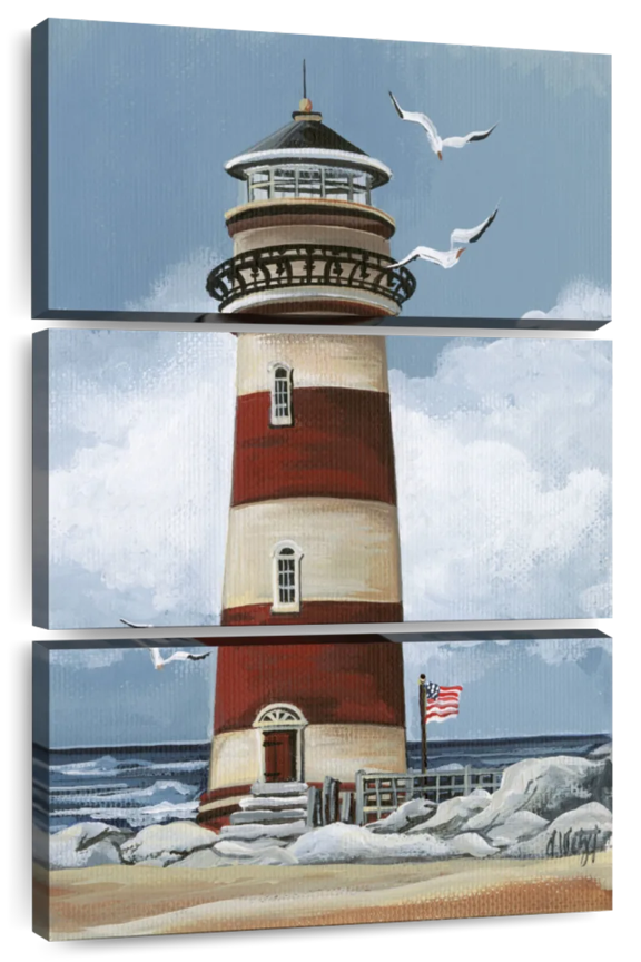 Simple Red Lighthouse Wall Art - Vertical Multi Panel Canvas - Living Room Wall Decor - Nautical Multi Panel - Blue And Brown Decor By Debbi Wetzel - 20" x 32"