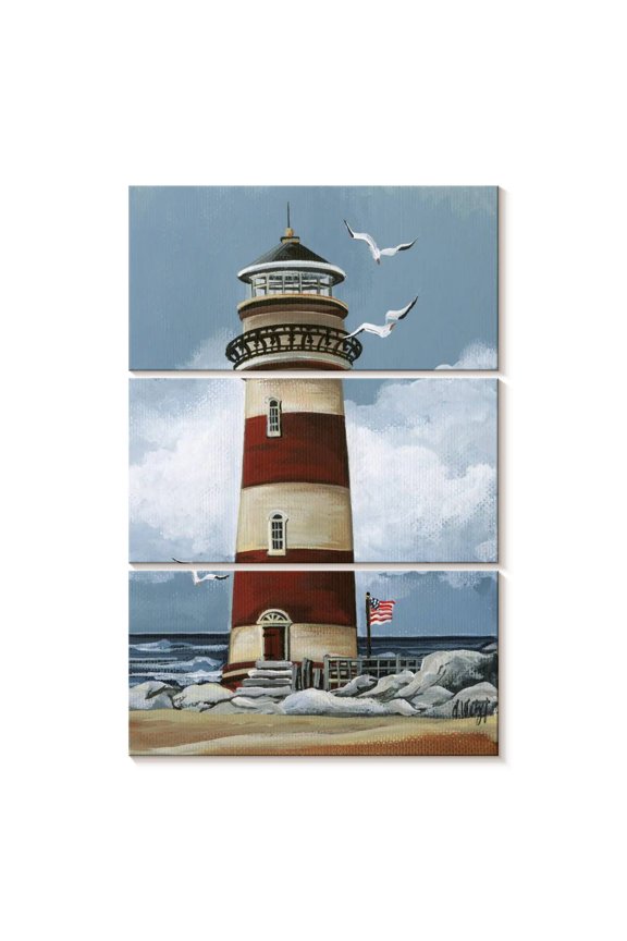 Simple Red Lighthouse Wall Art - Vertical Multi Panel Canvas - Living Room Wall Decor - Nautical Multi Panel - Blue And Brown Decor By Debbi Wetzel - 20" x 32"