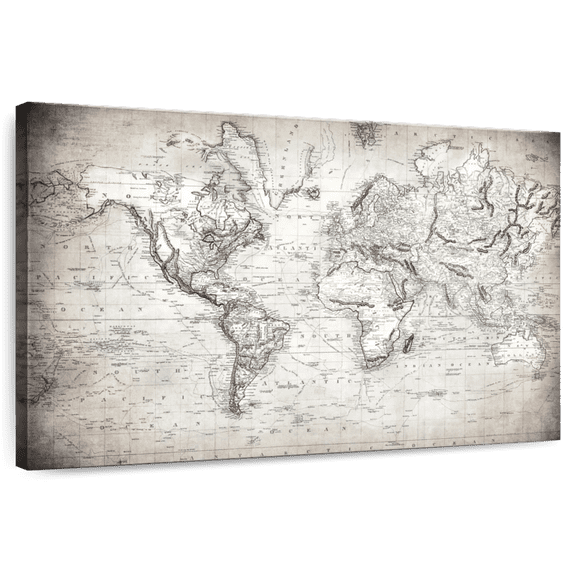 Elephant Stock Simple World Map Wall Art - Horizontal Canvas Wall Art - Home Office Wall Decor - Map Canvas - Beige And White Decor - 12" x 8"