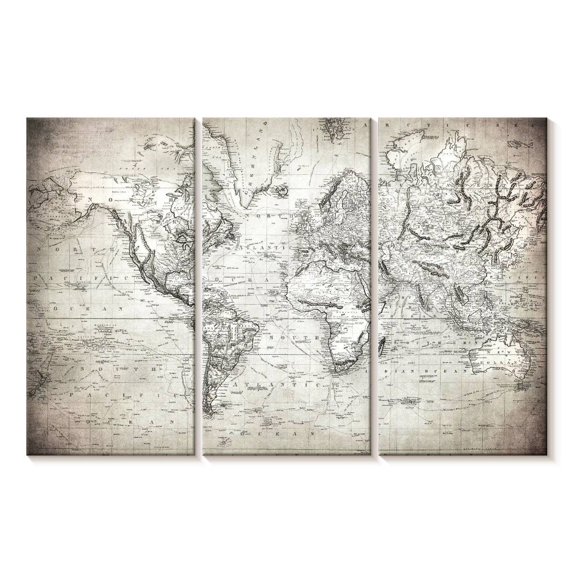 Elephant Stock Simple World Map Wall Art - Horizontal Multi Panel Canvas - Home Office Wall Decor - Map Multi Panel - Beige And White Decor - 38" x 24"