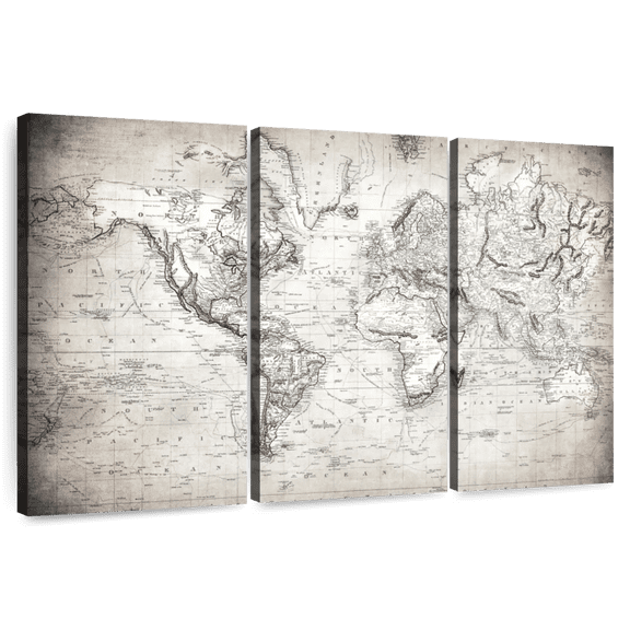 Elephant Stock Simple World Map Wall Art - Horizontal Multi Panel Canvas - Home Office Wall Decor - Map Multi Panel - Beige And White Decor - 45" x 28"