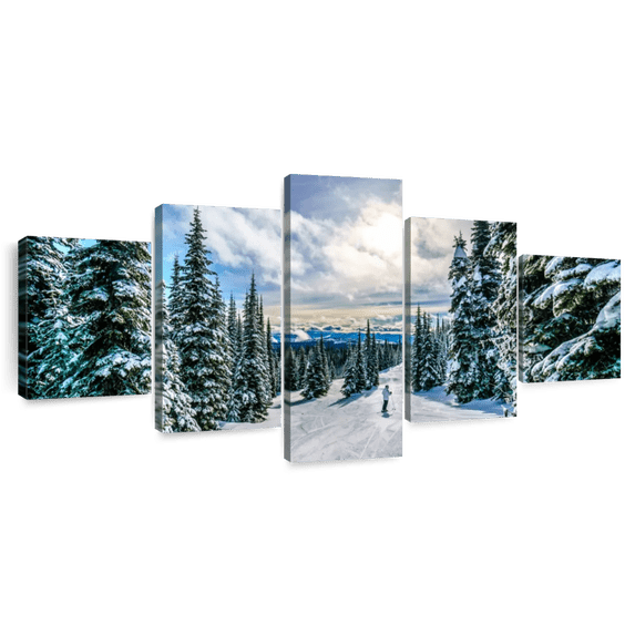 Elephant Stock Ski Away Wall Art - Horizontal Multi Panel Canvas - Living Room Wall Decor - Sports Multi Panel - Blue And Green Decor - 68" x 30"