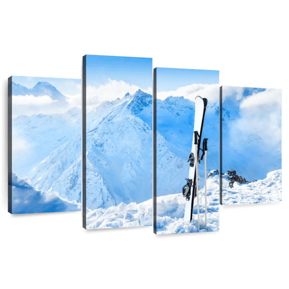 Elephant Stock Ski In The Mountains Wall Art - Horizontal Multi Panel Canvas - Living Room Wall Decor - Sports Multi Panel - Blue And White Decor - 68" x 42"