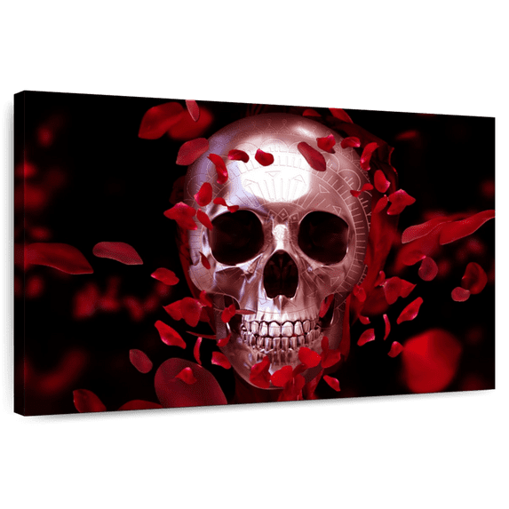 Elephant Stock Skull And Petals Wall Art - Horizontal Canvas Wall Art - Living Room Wall Decor - Gothic Canvas - Red And Black Decor - 12" x 8"