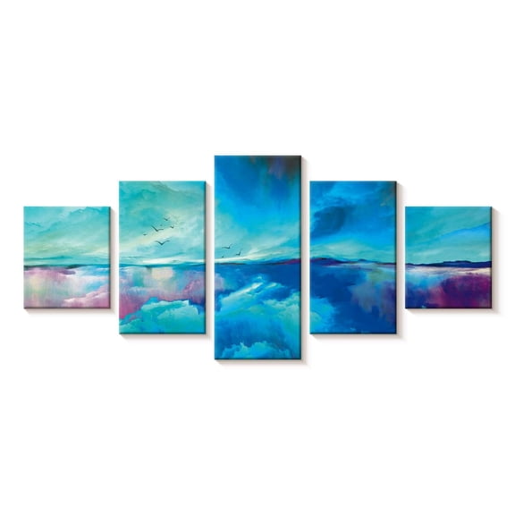 Elephant Stock Sky Abstract Wall Art - Horizontal Multi Panel Canvas - Living Room Wall Decor - Abstract Multi Panel - Blue And Purple Decor - 55" x 24"